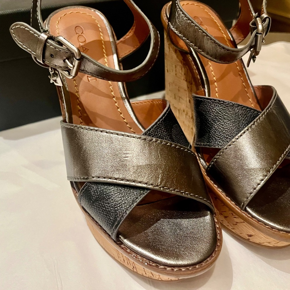 Coach Cross Band High Wedge Sandal Charcoal Gunmetal Size 6.5 - Picture 9 of 12